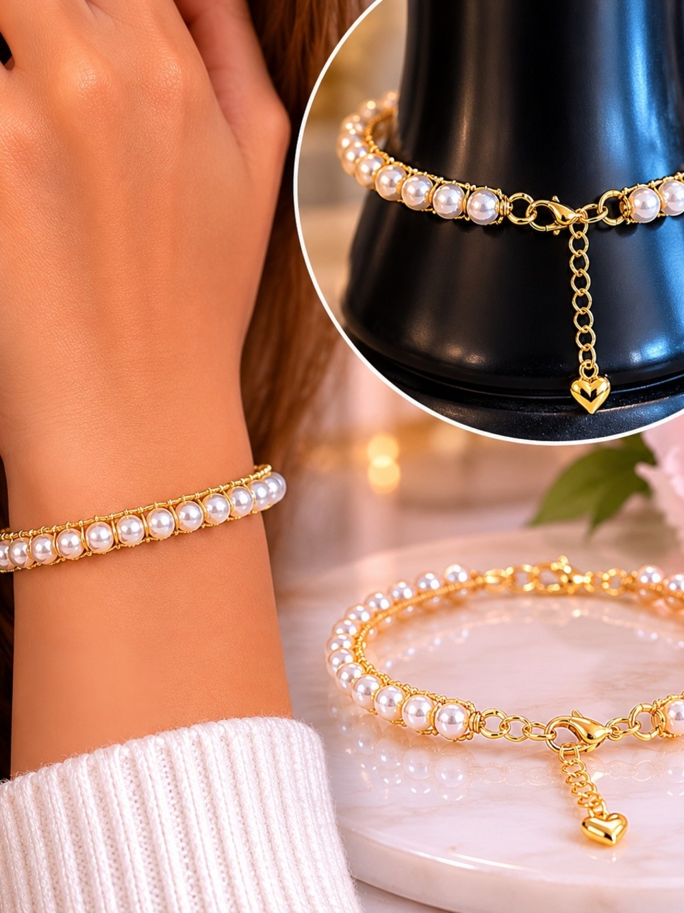 Gold Pearl Chain Bracelet - Women Jewelry